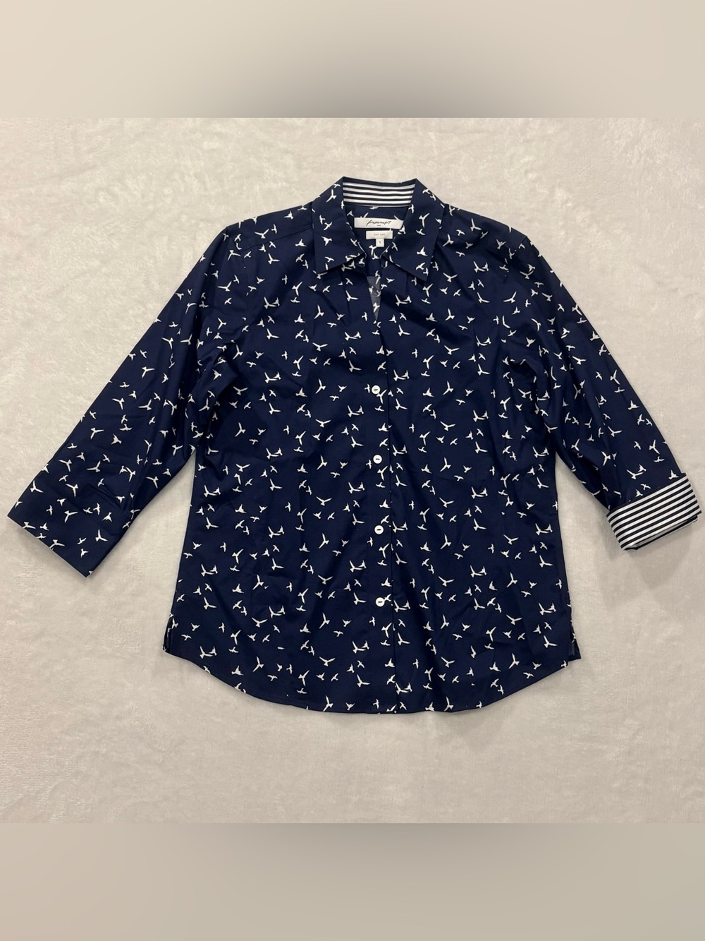 Foxcroft Bird Print Flip Cuff 3/4 Sleeve Button Up Blouse Women's Size S